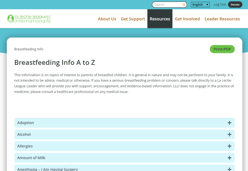 LLLI Breastfeeding FAQ screenshot